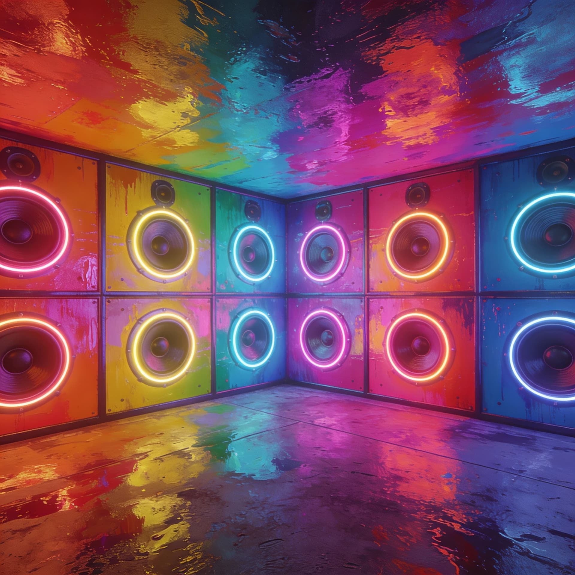 AI generated: very colorful and vibrant empty room with wall to wall panels of neon glowing led speaker woofers. T...