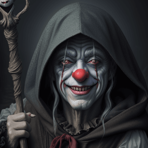 AI generated: A Close up Head and shoulder <lora:Face Portrait:1.0> of a Cloaked & Hooded old man Swamp Clown Hold...