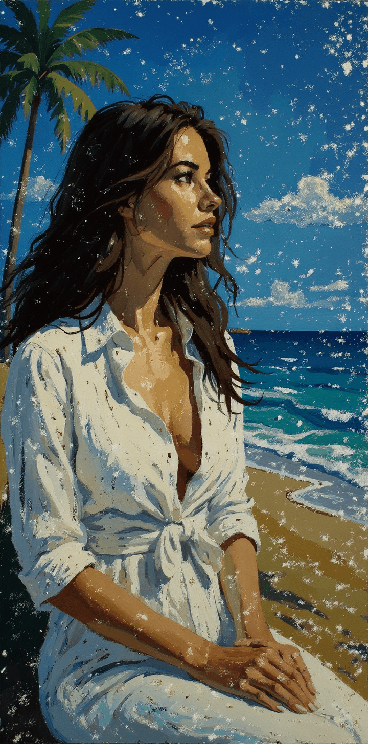 AI generated: a painting of a woman, in the style of brushstroke-intensive portraits, sitting  watching movie, pro...