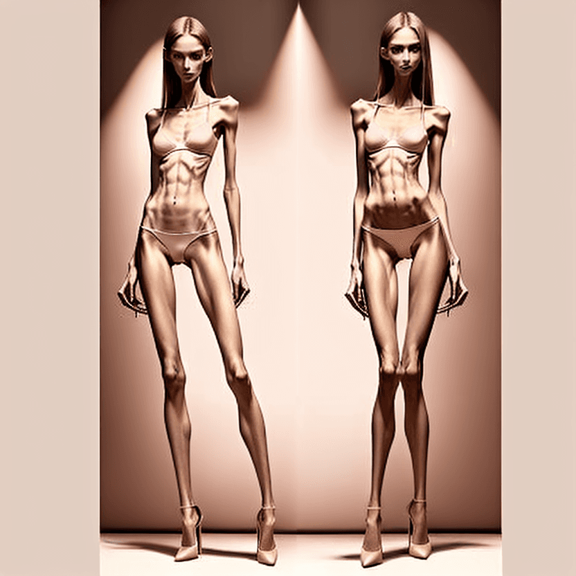 AI generated: photo of two an extremely skinny, flat-chested model with extreme long and skinny legs with extreme ...