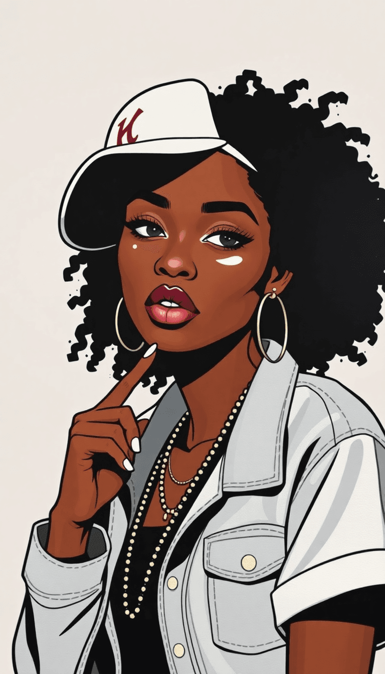 AI generated: black-woman-minimalist-painting-of-hip-hop-character-design-in-the-style-of-olivia-de-berardinis-Bla...
