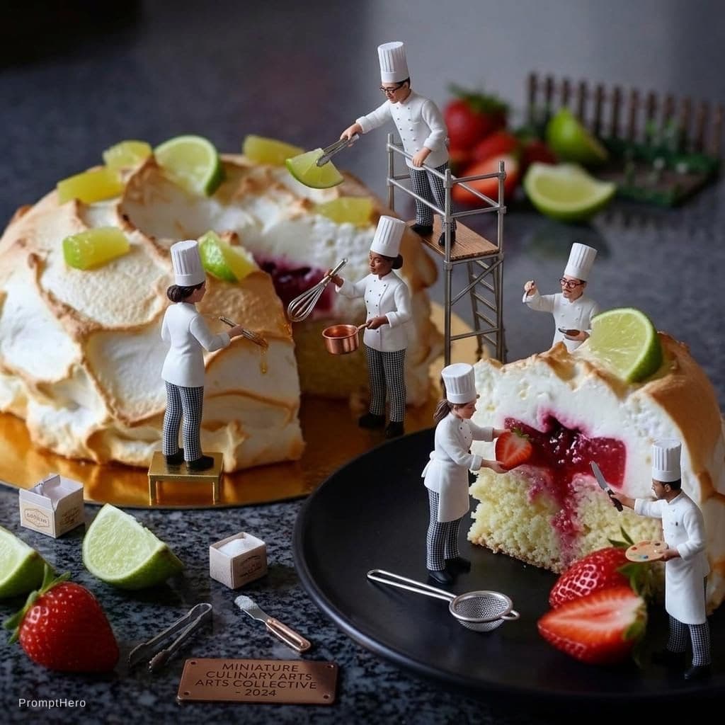 AI generated: Respect the original image of these pastries just add mini characters, women, men with beautiful pas...