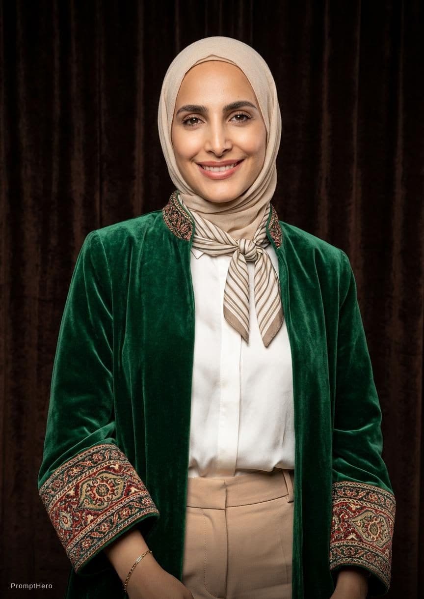 AI generated: fashion cover, front view, upper-body, A woman model, dark brown background , A green velvet coat wi...