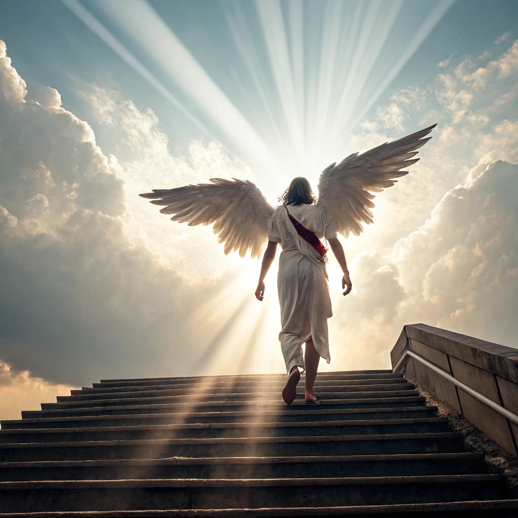 AI generated: Wonderful image of a wounded angel ascending from the light to heaven, a great battle was fought on ...