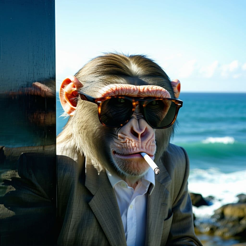 AI generated: Hyper realistic eye level exterior photo of a monkey with shades and a cigarette like the godfather ...