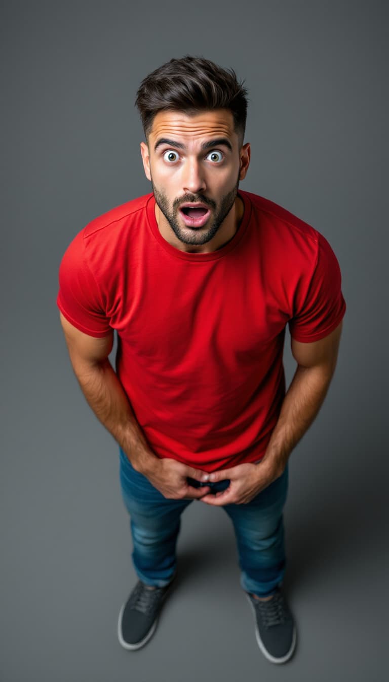 AI generated: High angle view, photograph of a handsome, stunned caucasian man, standing with his hands on his wai...
