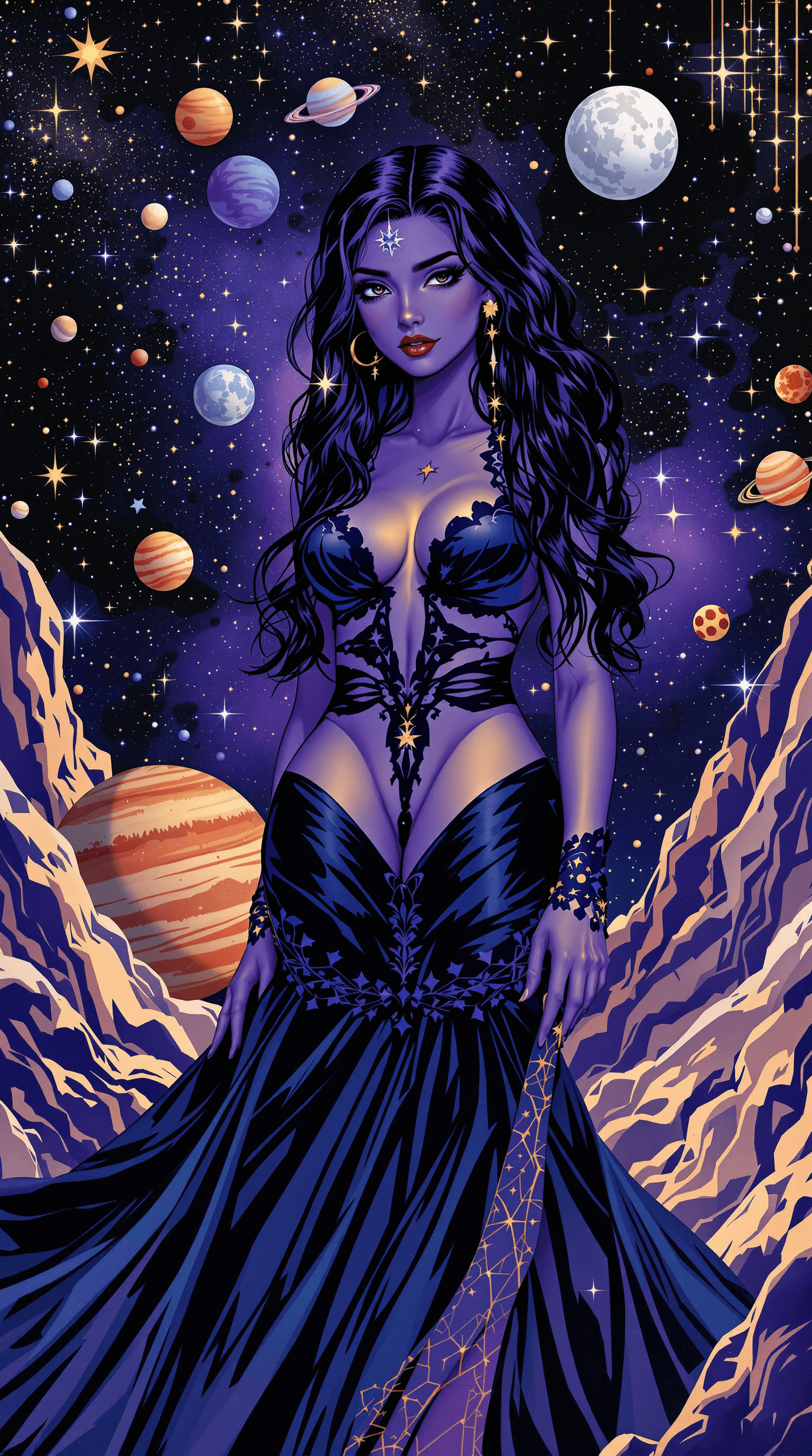 AI generated: A photograph of a woman in a dark blue dress, a realistic comic cover, a space theme, an astrologica...