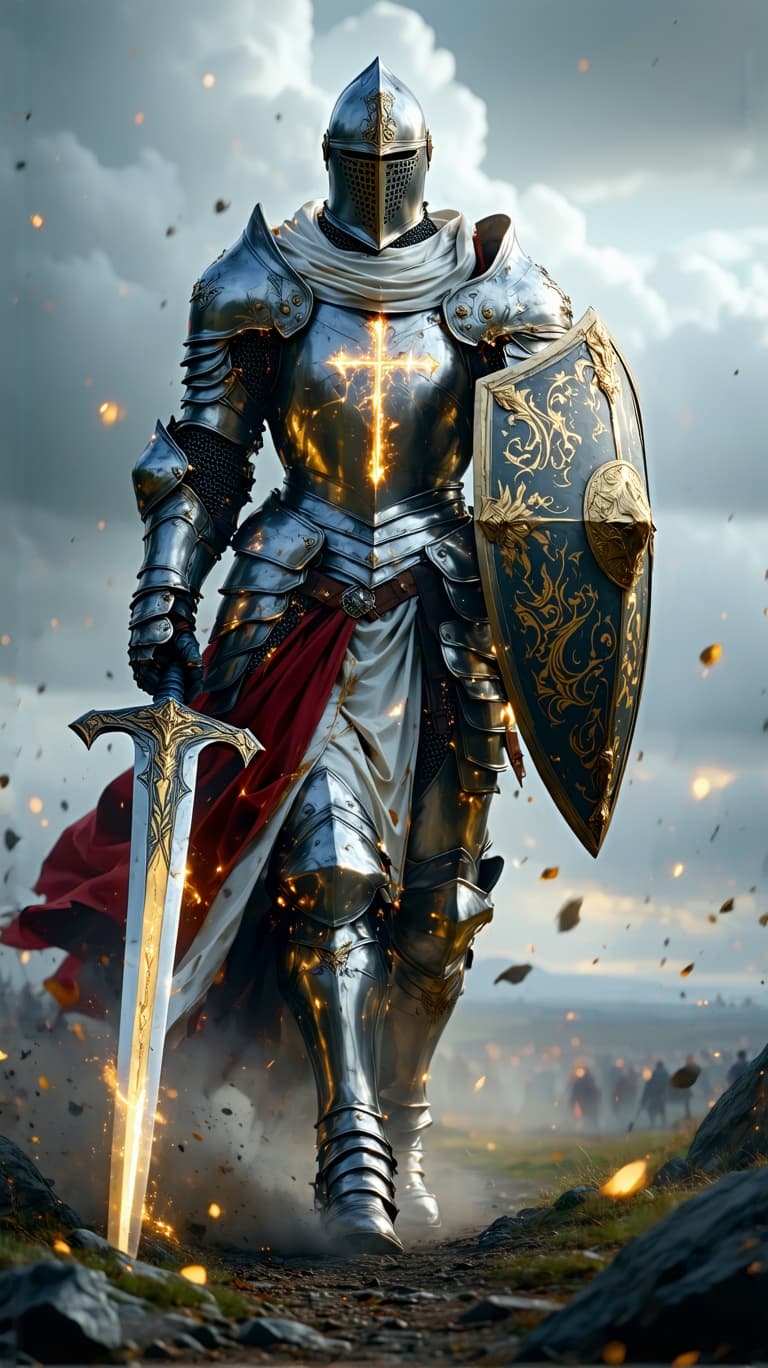 AI generated: An ultra-realistic, zoomed out, front facing, full-body portrait of a noble Paladin in gleaming silv...