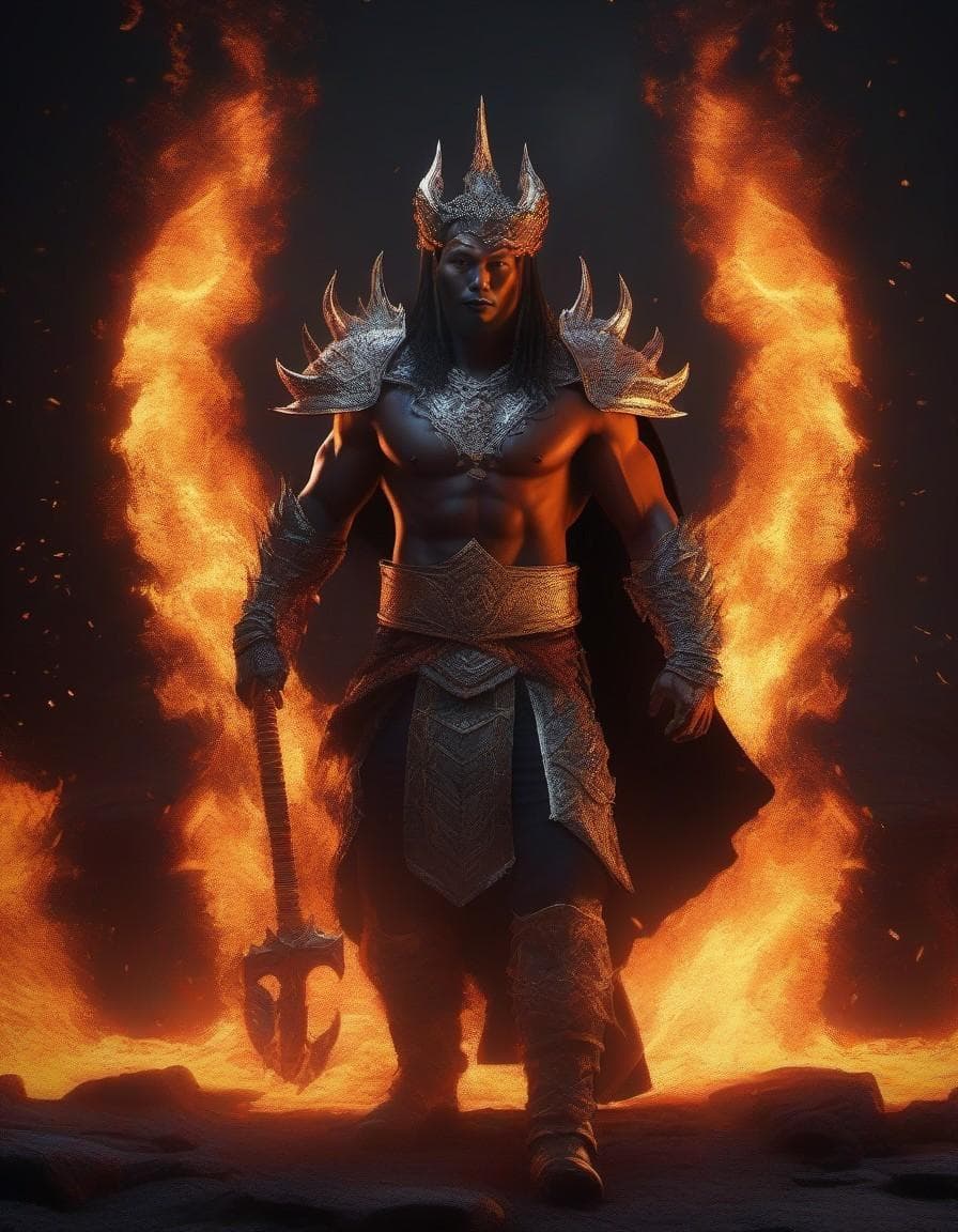 AI generated: Demonic god, demon crown, fire magic on hands, walking in the lava, masterpiece, best quality, CG, w...