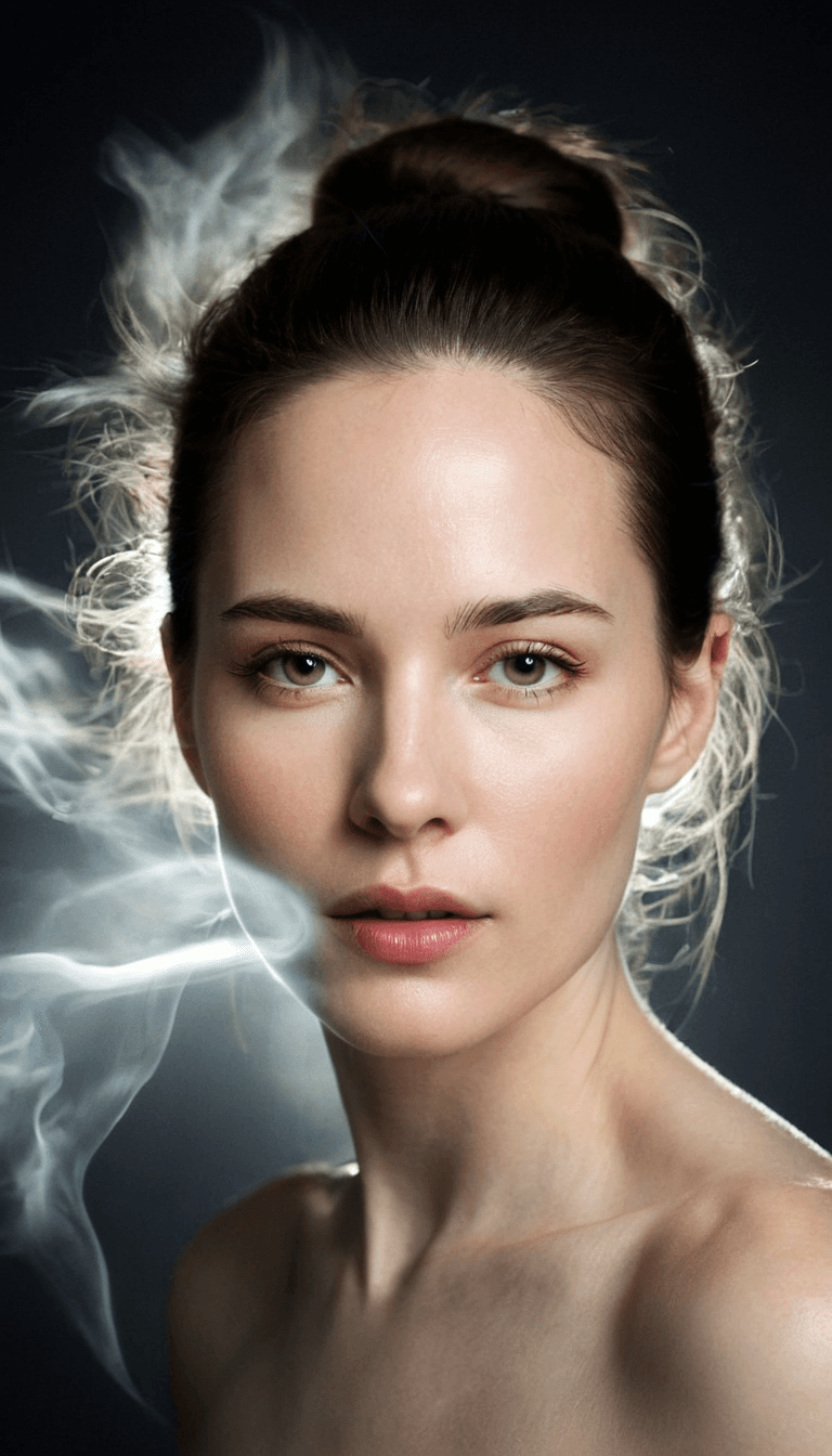 AI generated: fashion editorial, portrait of a longhaired beautiful woman in studio back lights with smoke effect,...