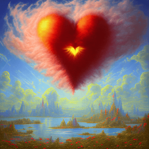 AI generated: a red heart in the clouds over water, azure sky, beautiful landscape image, hyperbolic expression, u...