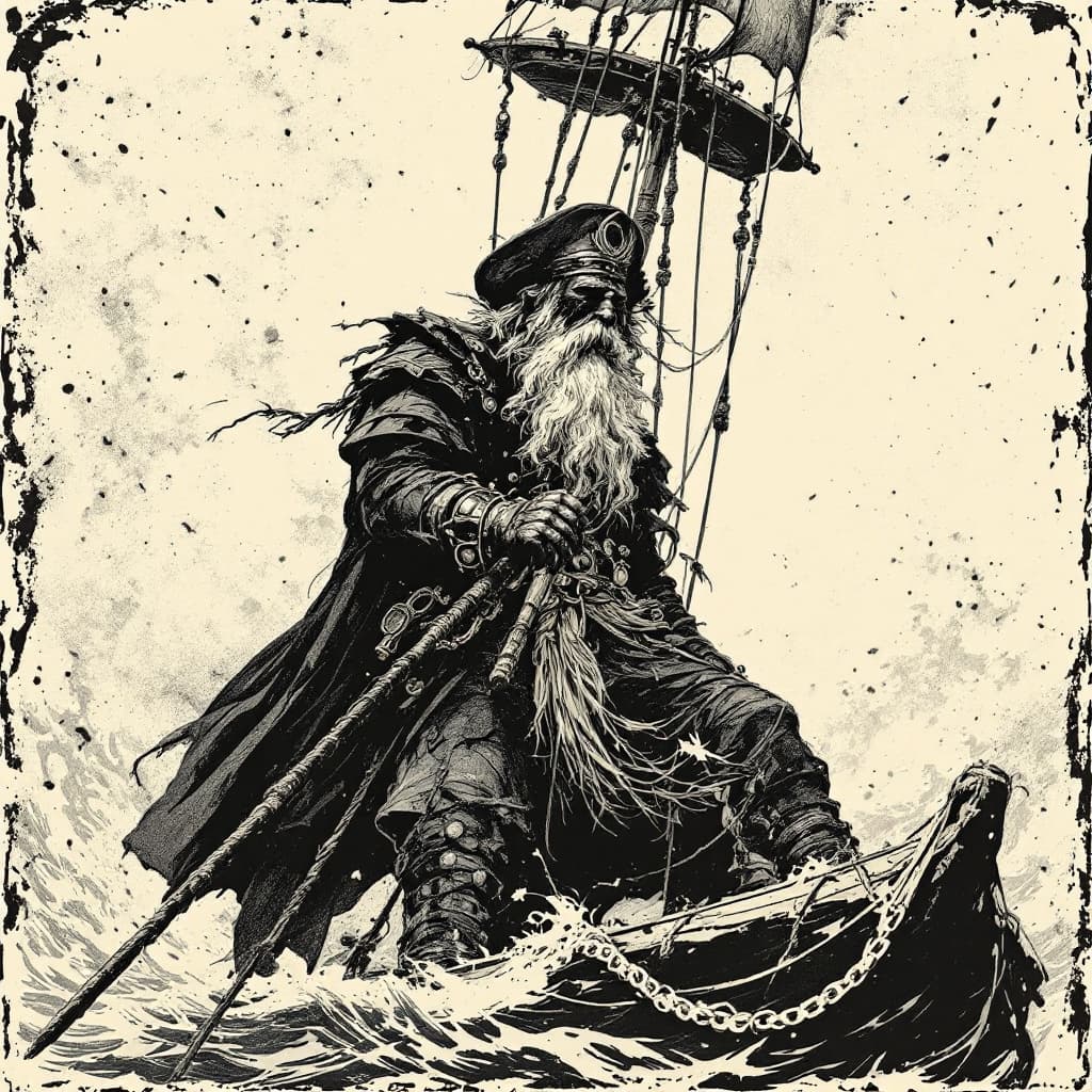 AI generated: a black and white classic artistic reproduction of Captain Nemo by Jules Verne, in the style of edou...