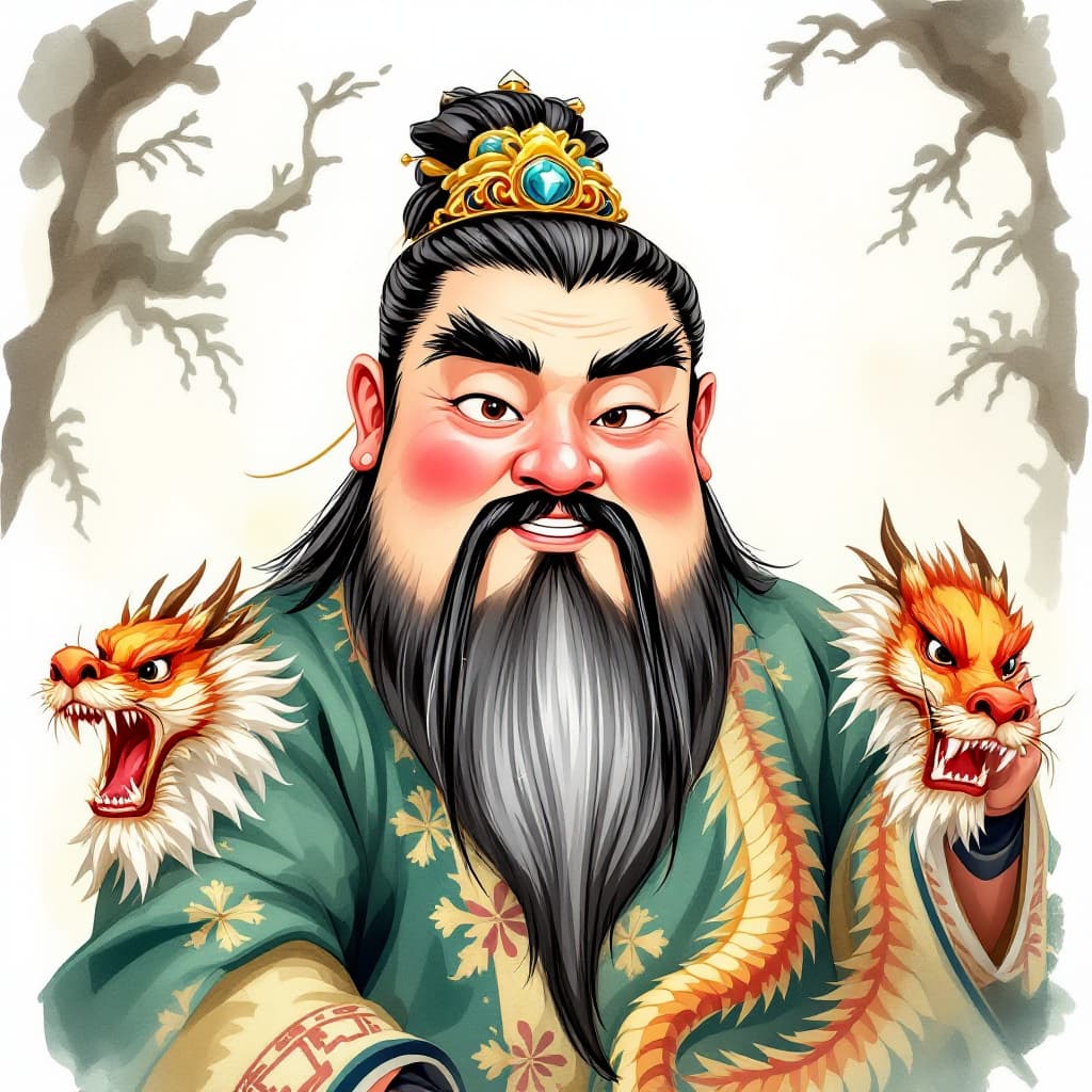 AI generated: The Yellow Emperor, a Chinese male, has a round face, as if his face is slightly red after drinking ...