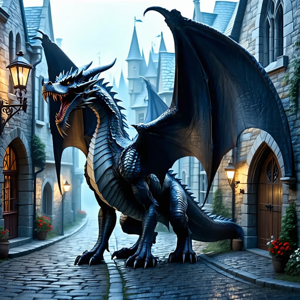 AI generated: Gothic Winged Dragon stands on a cobblestone street roaring at the sky