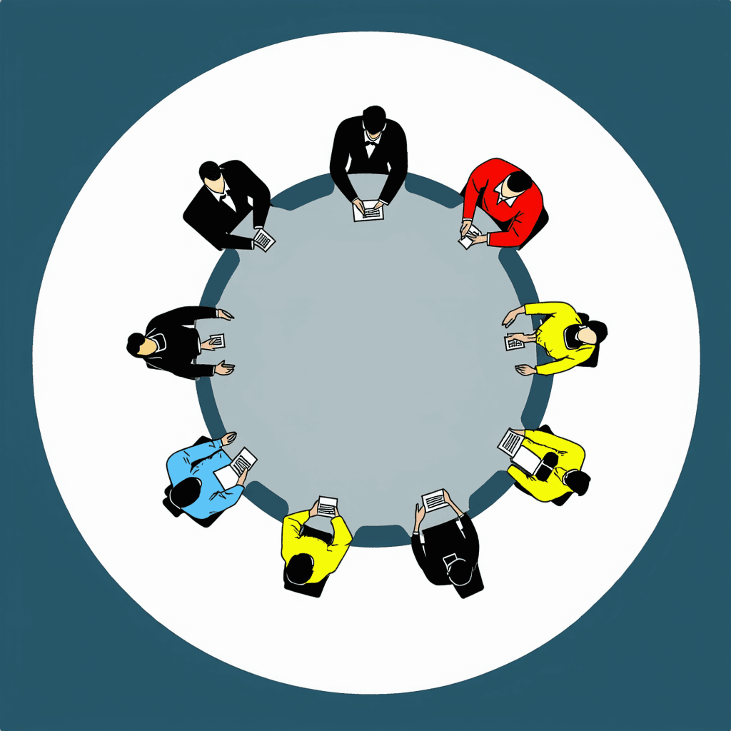 AI generated: A circular table, 4 meters wide, composed of 10 individual tables, each one corresponding to 36 degr...