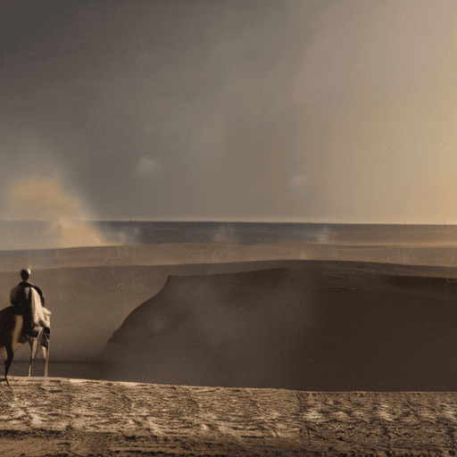 AI generated: far away, in the center, an Arabic man from behind wearing a cloak, sitting on a white horse, standi...