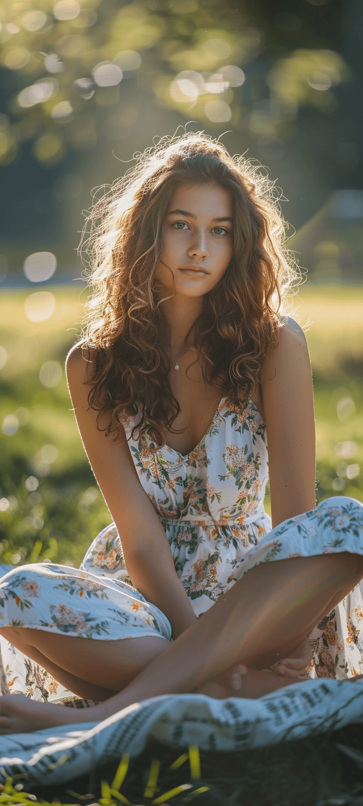 AI generated: high-resolution photo of a beautiful woman wearing a summer dress sitting on a blanket in a park, ph...