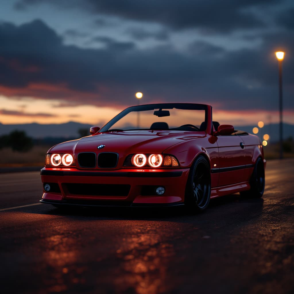 AI generated: dark red bmw e39 M5 convertible, lit angel eyes, cinematic, hyper realism, high detail, 8k, dark eve...