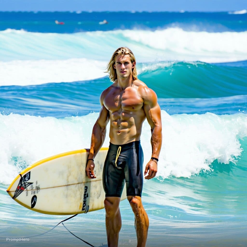 AI generated: A beautiful day at the beach in Hawaii with excellent surf and perfect tubular waves. One young surf...