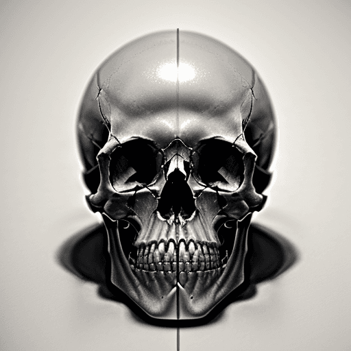 AI generated: pencil drawing, human skull with small silicon circuit on top, front lighting, detailed shadows, lef...