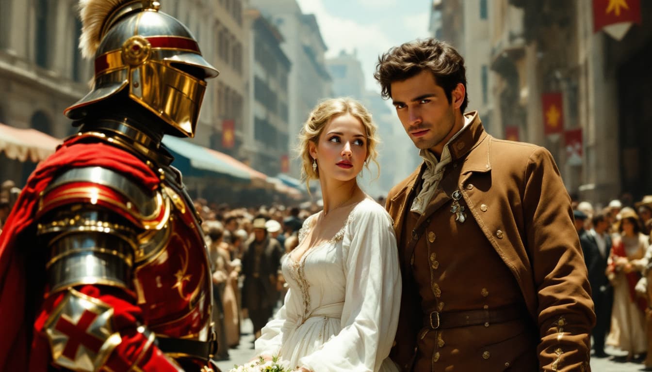 AI generated: a Renaissance-style painting of a woman in a white dress and a man in a brown jacket, with a soldier...