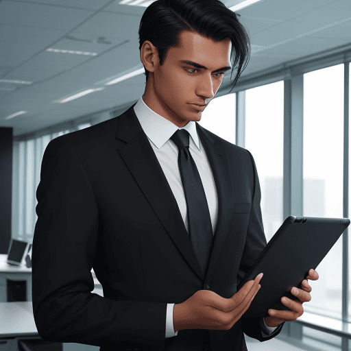 AI generated: A professional businessman in formal attire holding a sleek black tablet in a modern office setting....