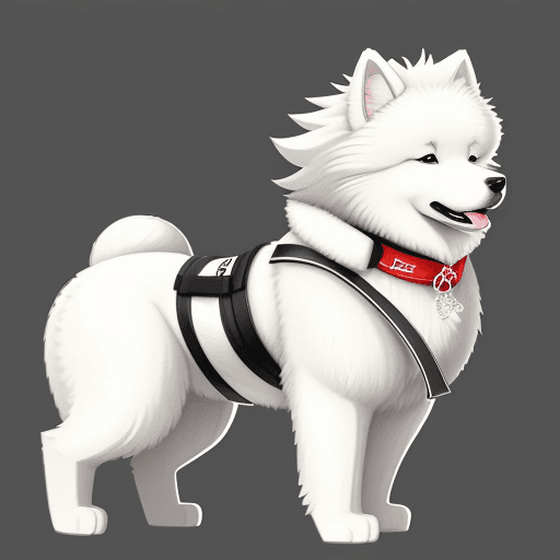 AI generated: drawing of a samoyed dog wearing a white kinomo and a black belt around its waist