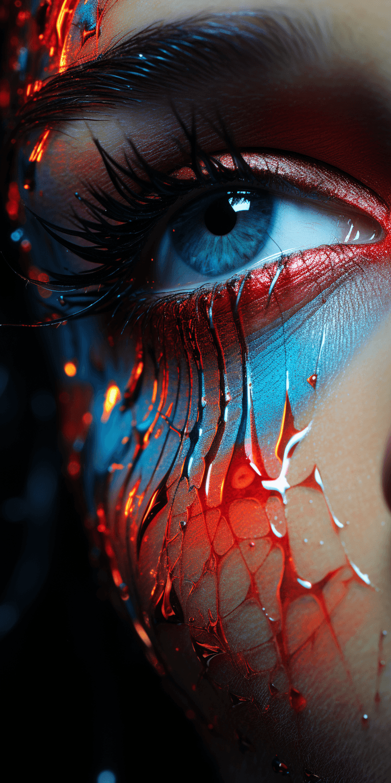 AI generated: this girl is wearing neon colored makeup, in the style of cinematic lighting, light crimson and azur...