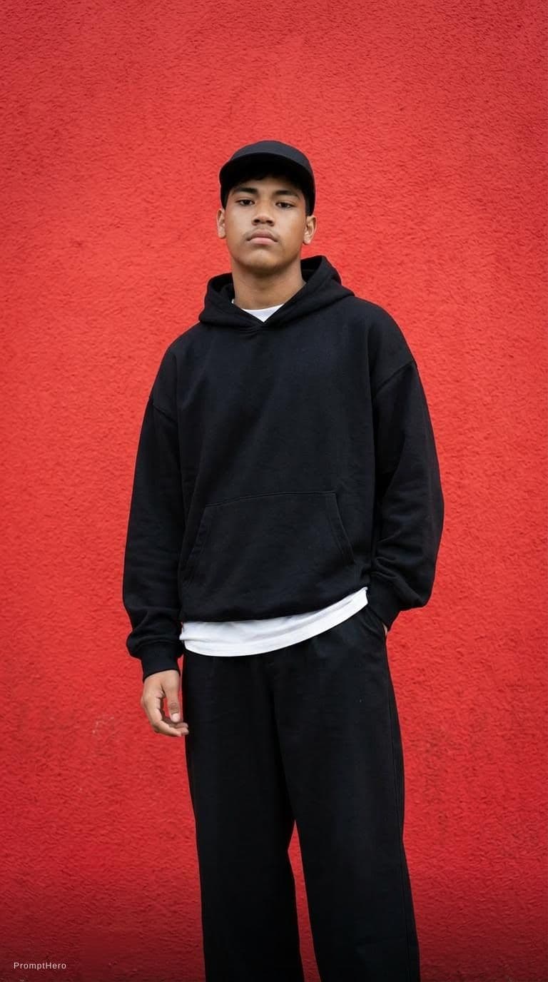AI generated: capturing a casual yet stylish vibe, a figure in a loose, oversized black street wearing and wide-le...