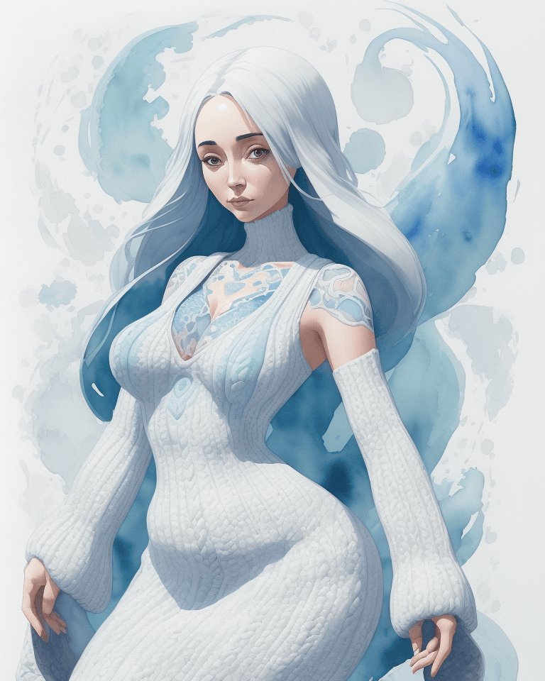 AI generated: Watercolor painting on parchment, a woman wearing large knitted dress, ((Courtney Ford)), wide hips,...