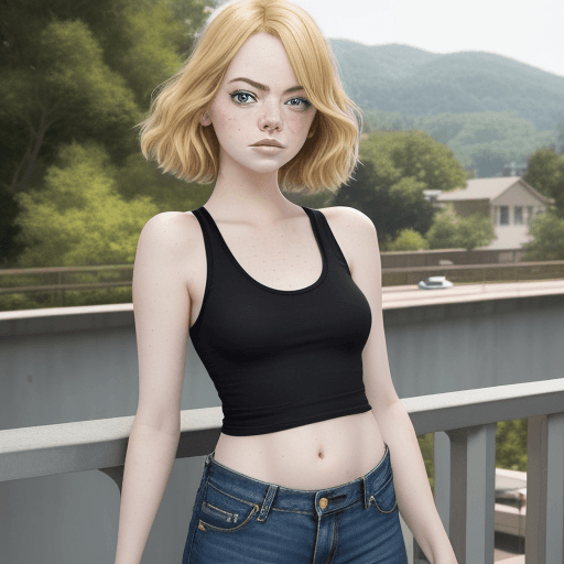 AI generated: emma stone (14 years),  (((blonde hair))),  natural make up , (((black tank top, denim short))), sta...