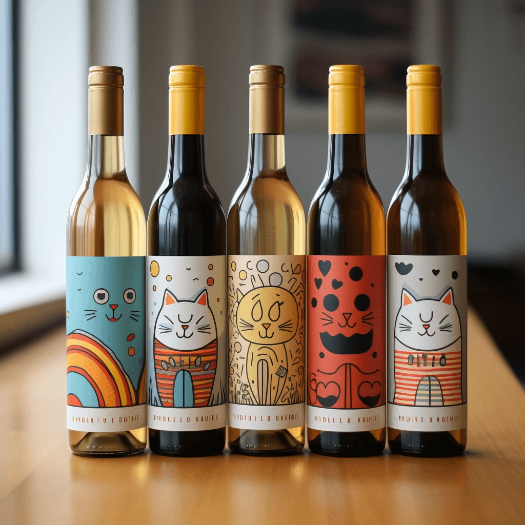 AI generated: A package design for a new line of wine that is playful and whimsical. - - style cute - - quality 1