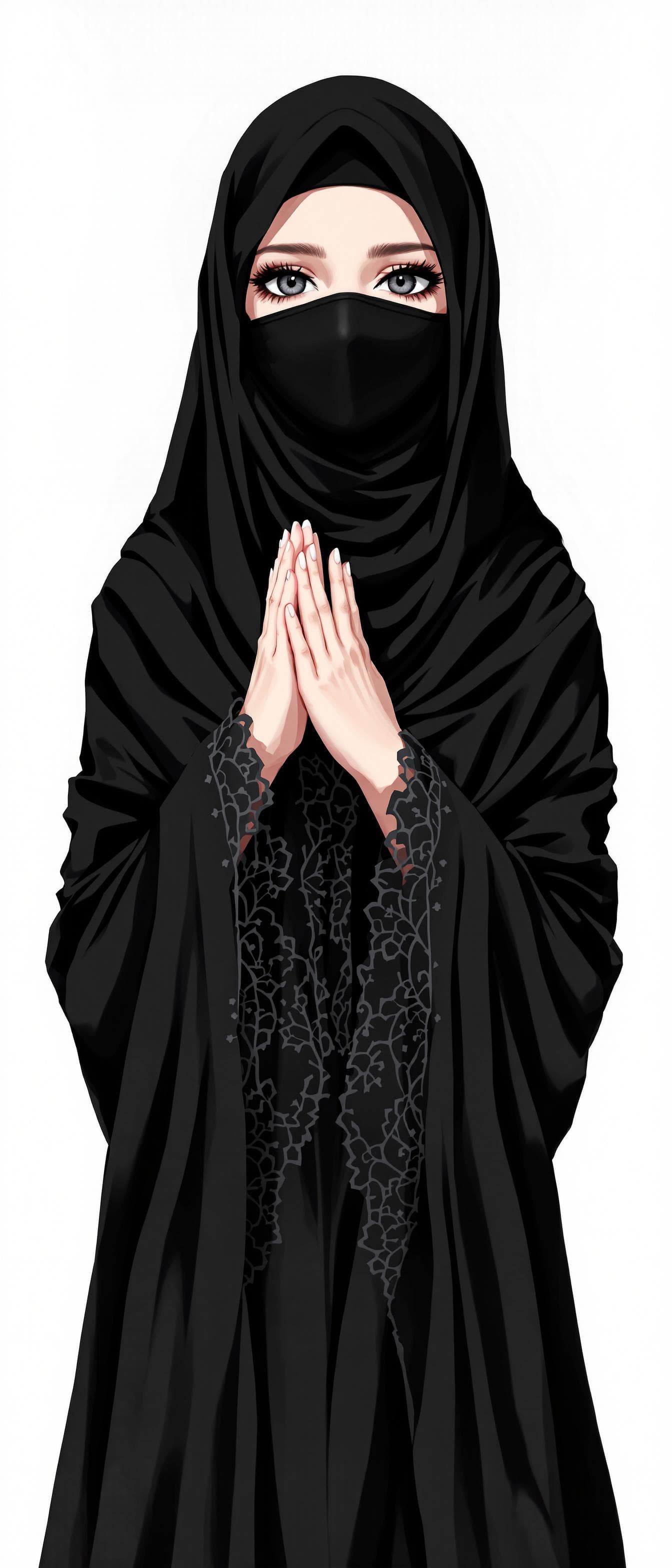 AI generated: manga anime, wearing a black hijab with the covering face like a Arabian woman in black clothes