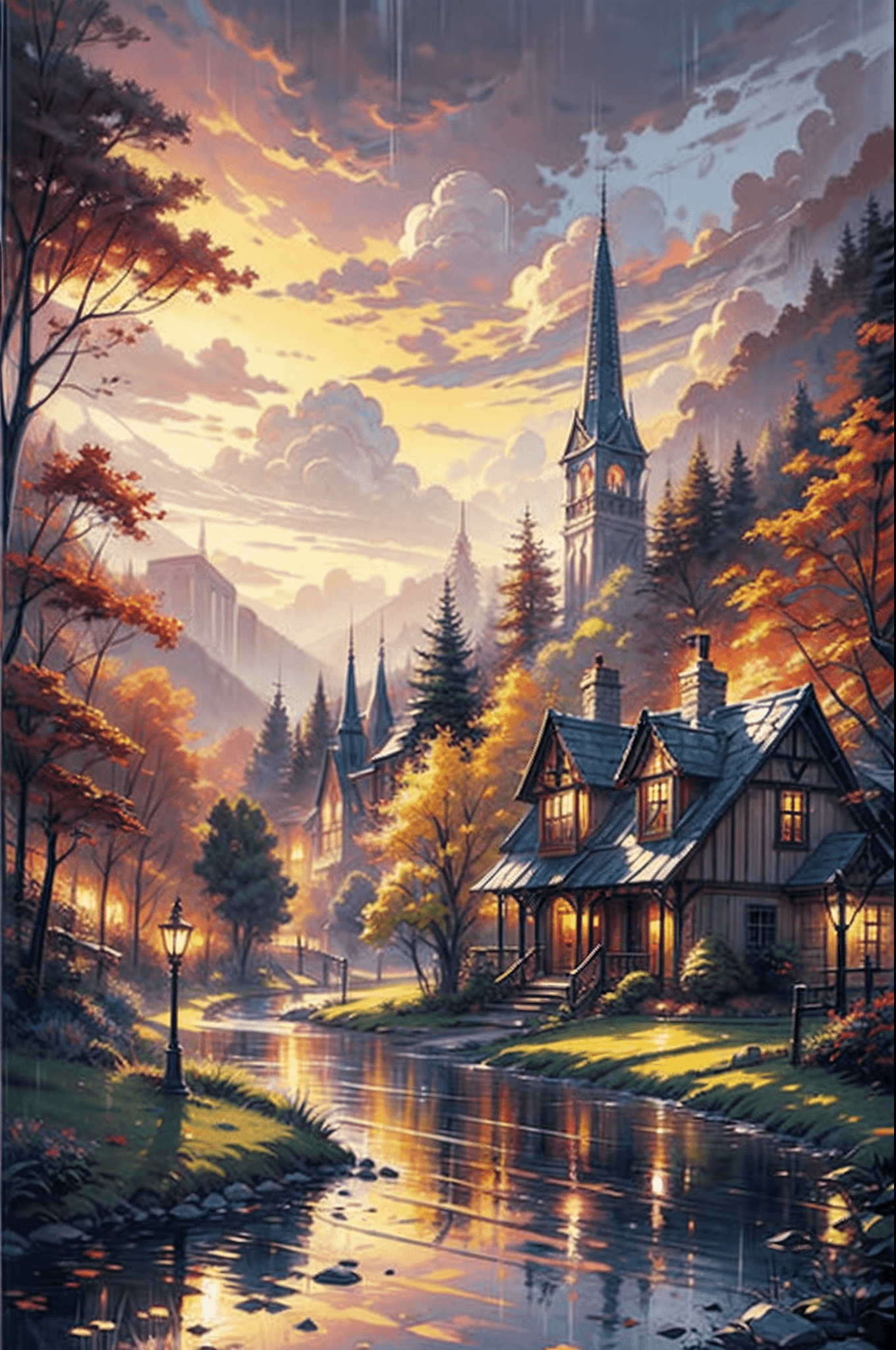 AI generated: Thomas Kinkade style watercolor painting of a beautiful village in the middle of an enchanted forest...