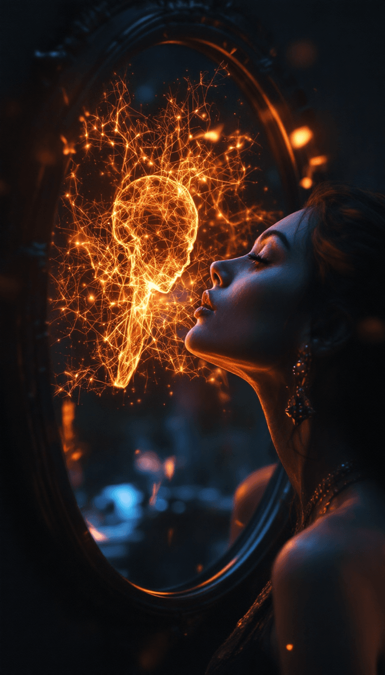 AI generated: Photo of a ultra realistic beatiful woman,an evil reflecting mirror is back of the woman ,the mirror...