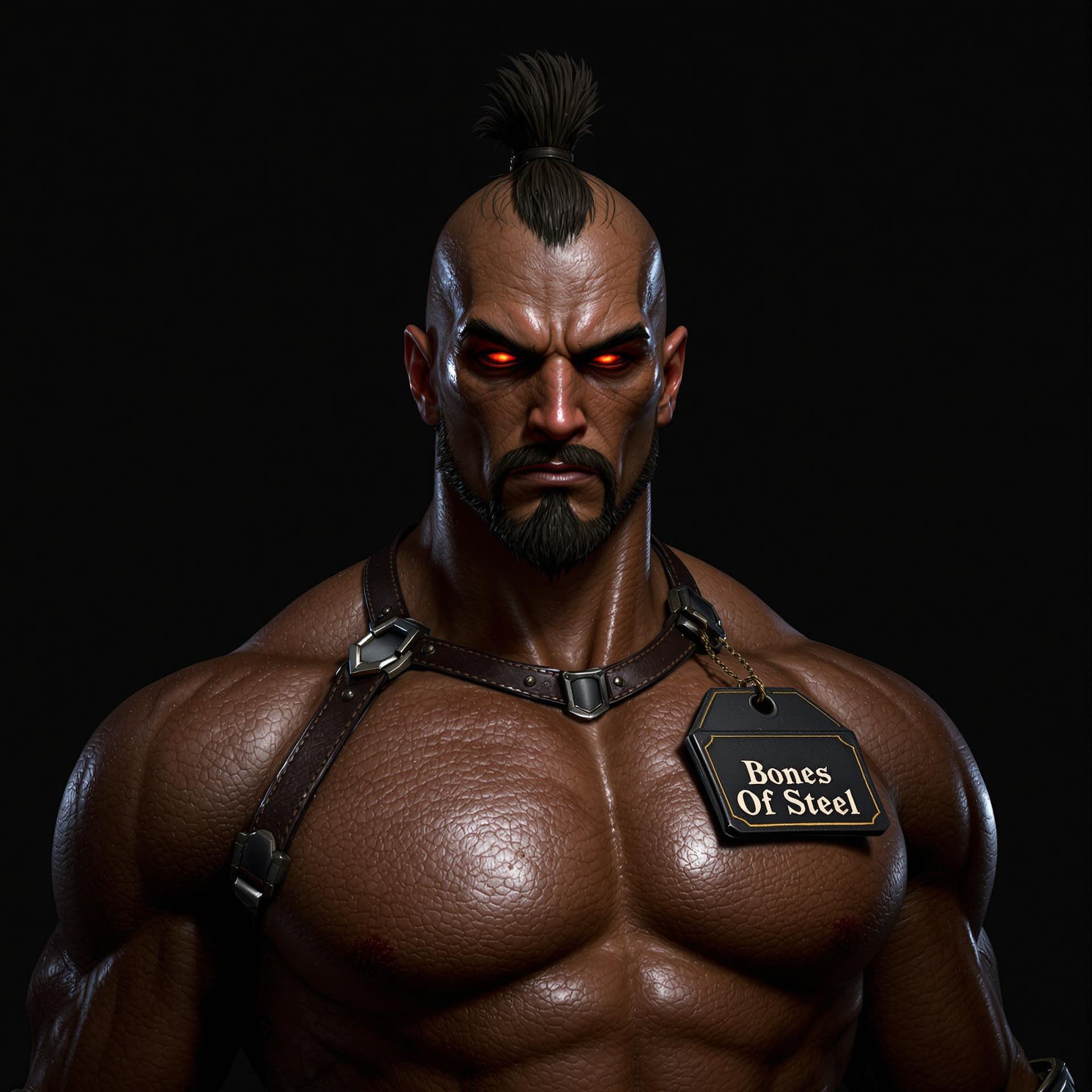 AI generated: Jumaru featured Warrior,3d realistic, dark background, shiny, "BonesOfSteel" written on a tag on che...