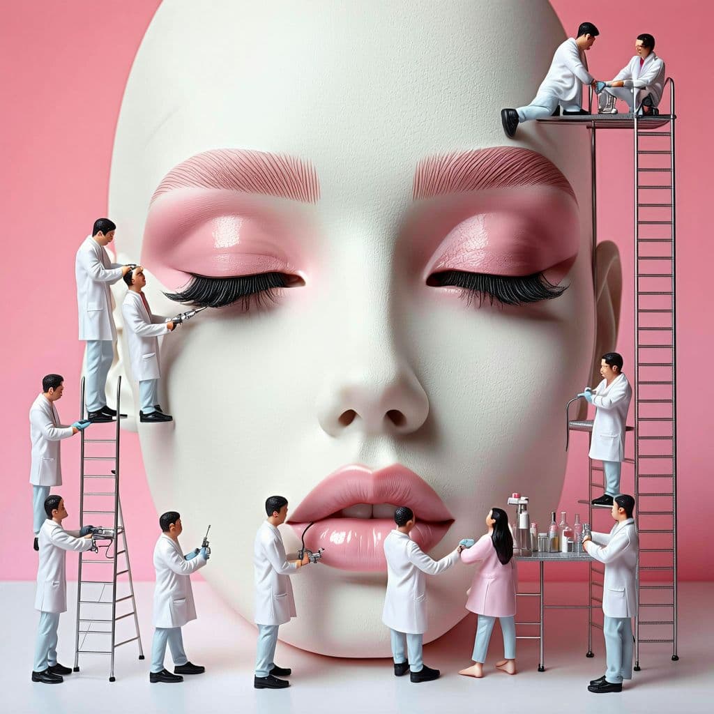 AI generated: Create a Real Eye of a Model Face - A real photo of numerous tiny people, reminiscent of midgets, pe...