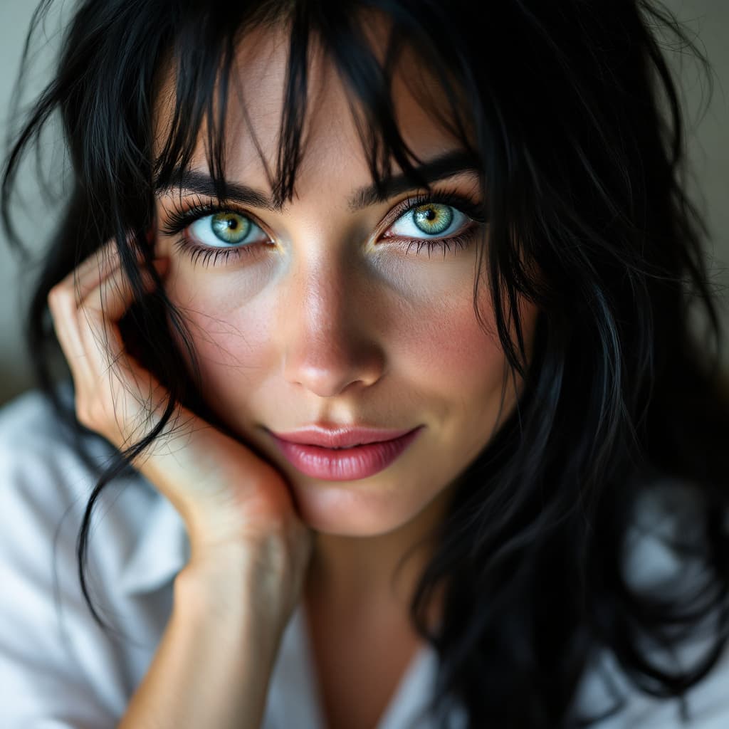 AI generated: realistic beautiful green eyes 50 years old woman. black hair, a hand in her hair, with white shirt,...