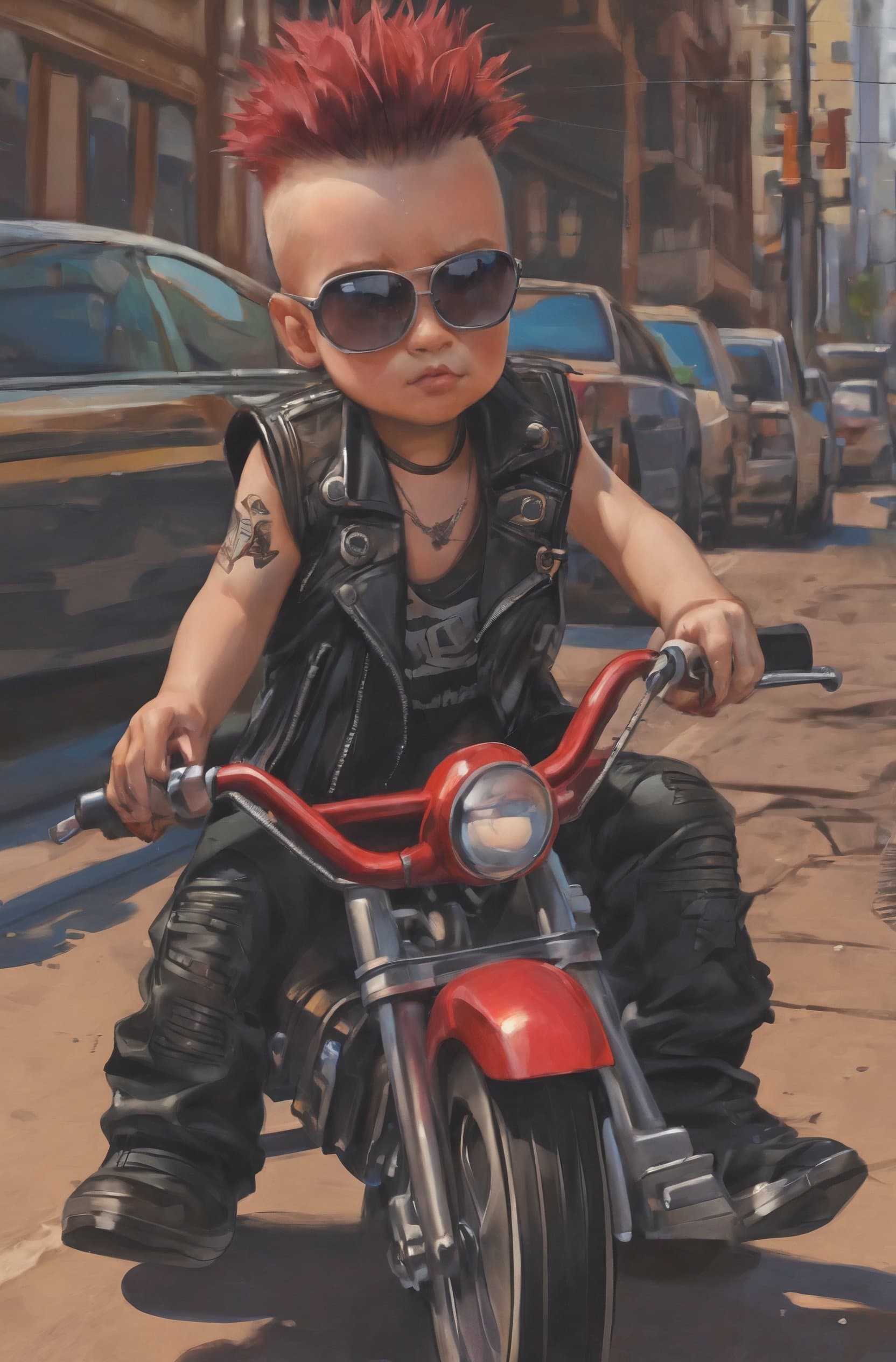 AI generated: a cute tough toddler riding a red cyberpunk tricycle::1.2, toddler has an aggressive attitude with a...