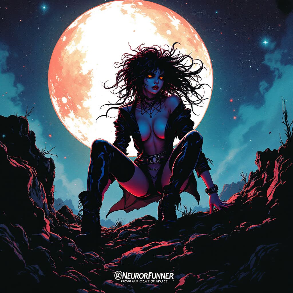 AI generated: frank miller illustration, dark anime, hot EVIL girl FROM OUT OF SPACE, Arcane, bladerunner, NEUROFU...