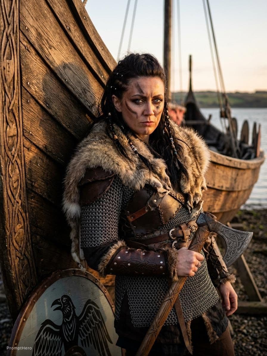 AI generated: a fierce, beautiful, female Viking warrior leaning against the hull of a Viking boat, evening light,...