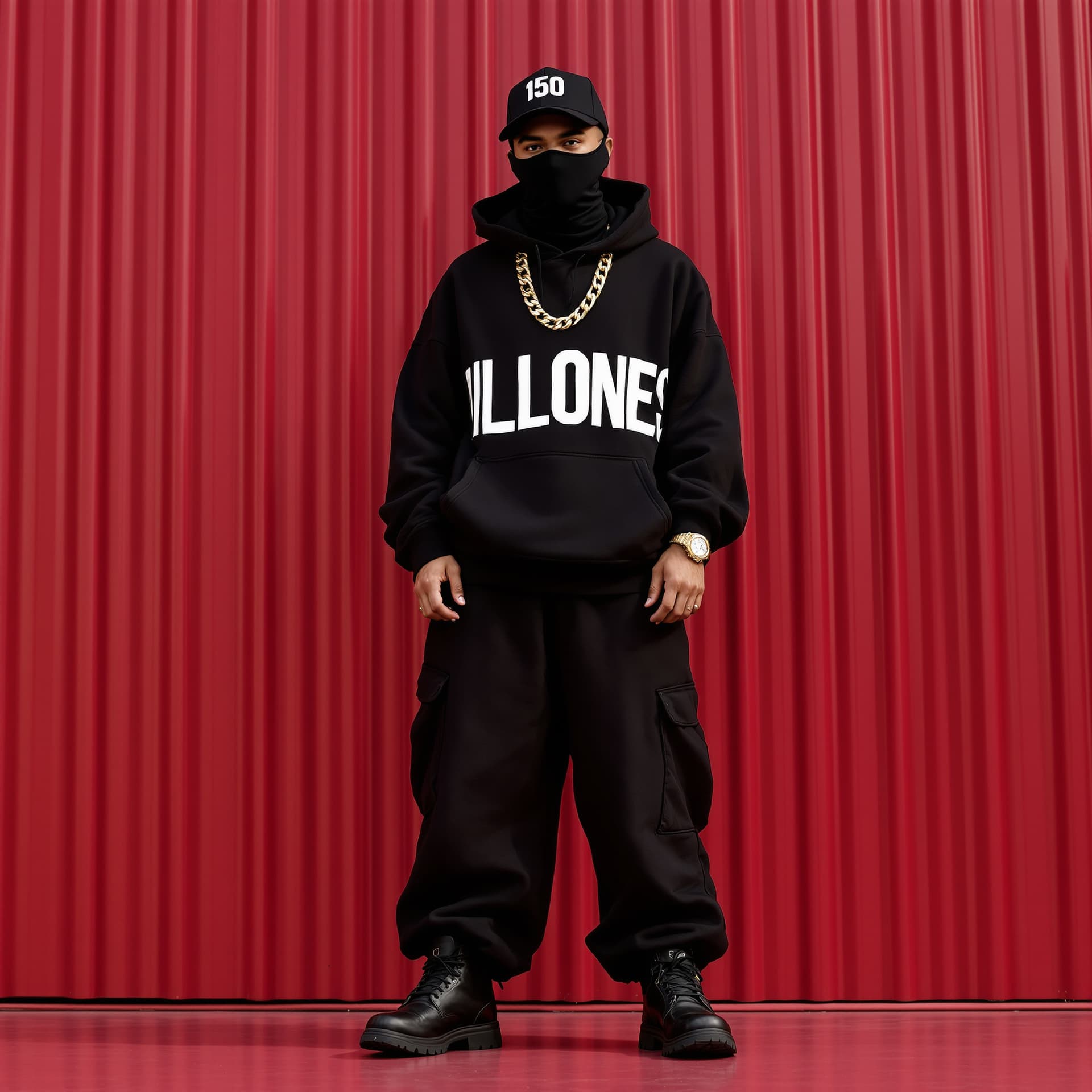 AI generated: HOODIE ON AND MILITARY FACEMASK MEN WEARING GOLD DIAMOND CHAIN ON NECK AND WEARING A DIAMOND ROLEX W...