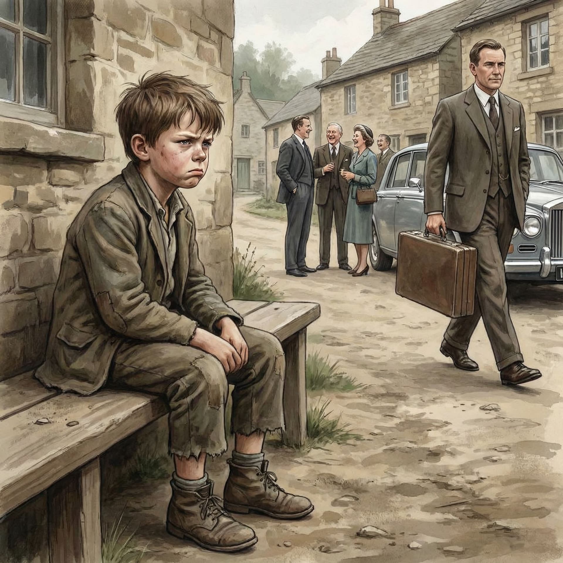 AI generated: A young boy in a small town looking sadly at successful people around him, expressions of jealousy o...