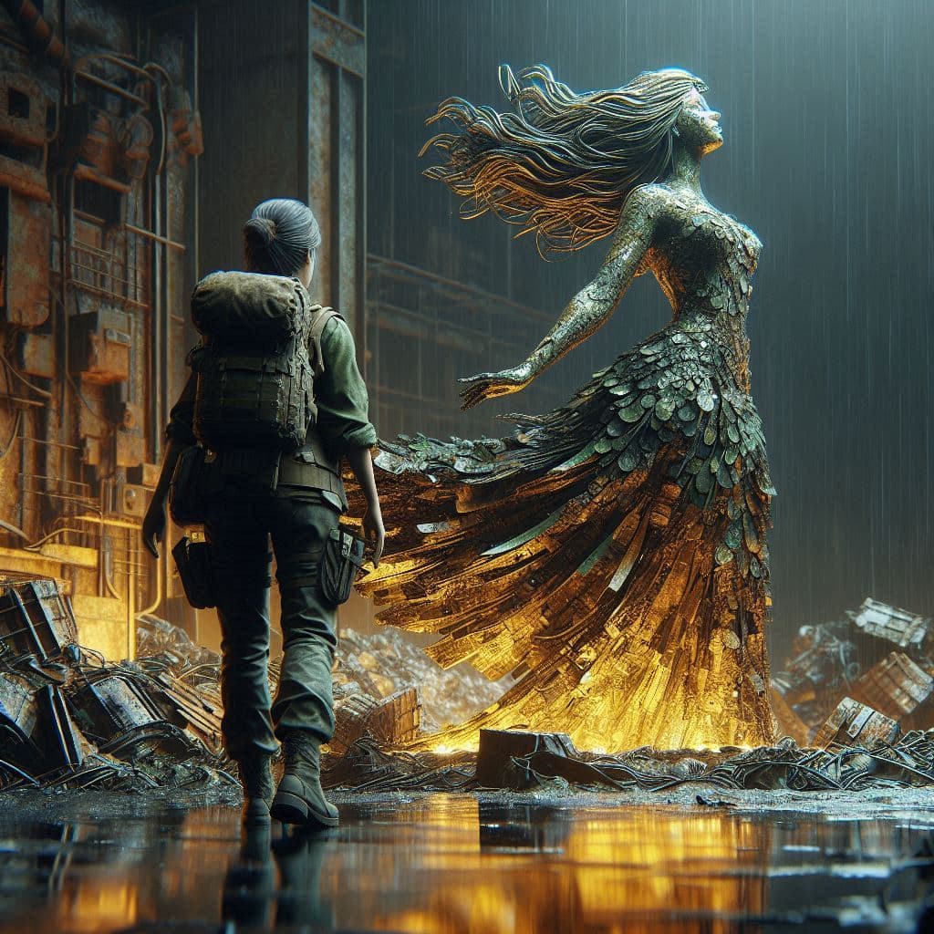 AI generated: detailed graphics art of a lady's statue with waving hair in skirt, made of metal scales, scraps and...