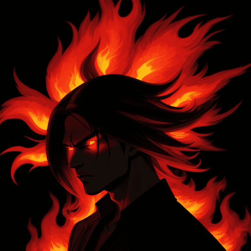 AI generated: Black silhouette of a character with straight hair up, red flames in his eyes. The background looks ...