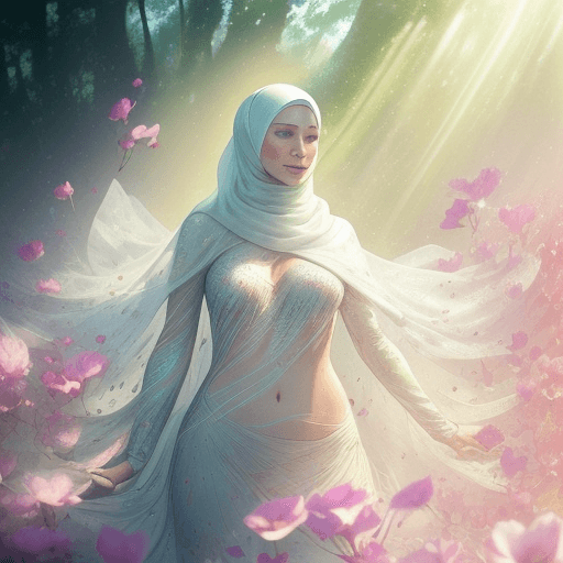 AI generated: Dew drops on petals, Morning sunbeams gently warm, Nature's beauty shines, a white woman wearing a h...
