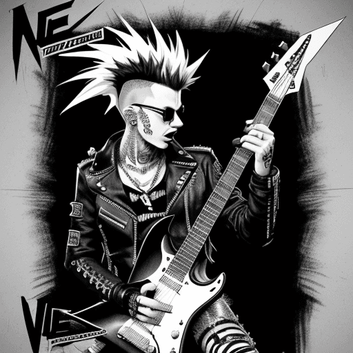 AI generated: vector drawing of illustration for a punk flyer featuring a guitarist ::5 The guitarist has a Mohawk...
