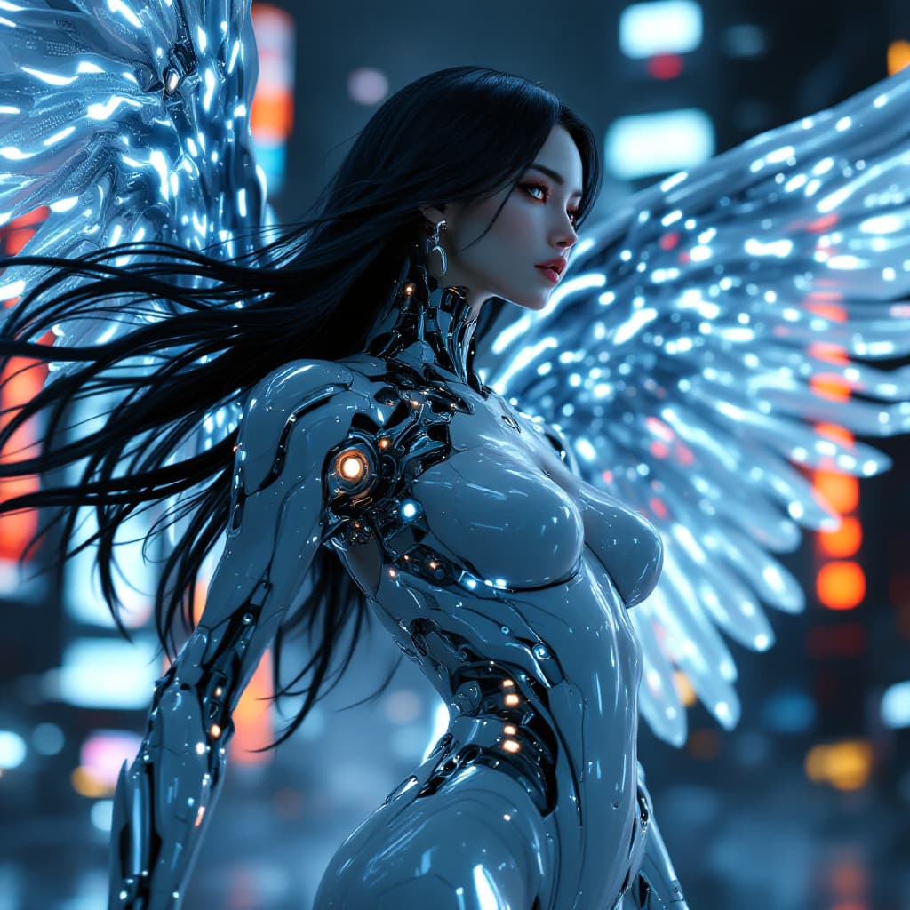 AI generated: A stunningly beautiful full-body cybernetic Asian woman with long, sleek black hair flowing in the w...