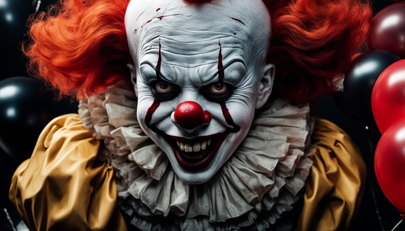 AI generated: 500mm Cinematic intricate photograph, Pennywise the clown from IT movie, big head, (an evil bloodthi...