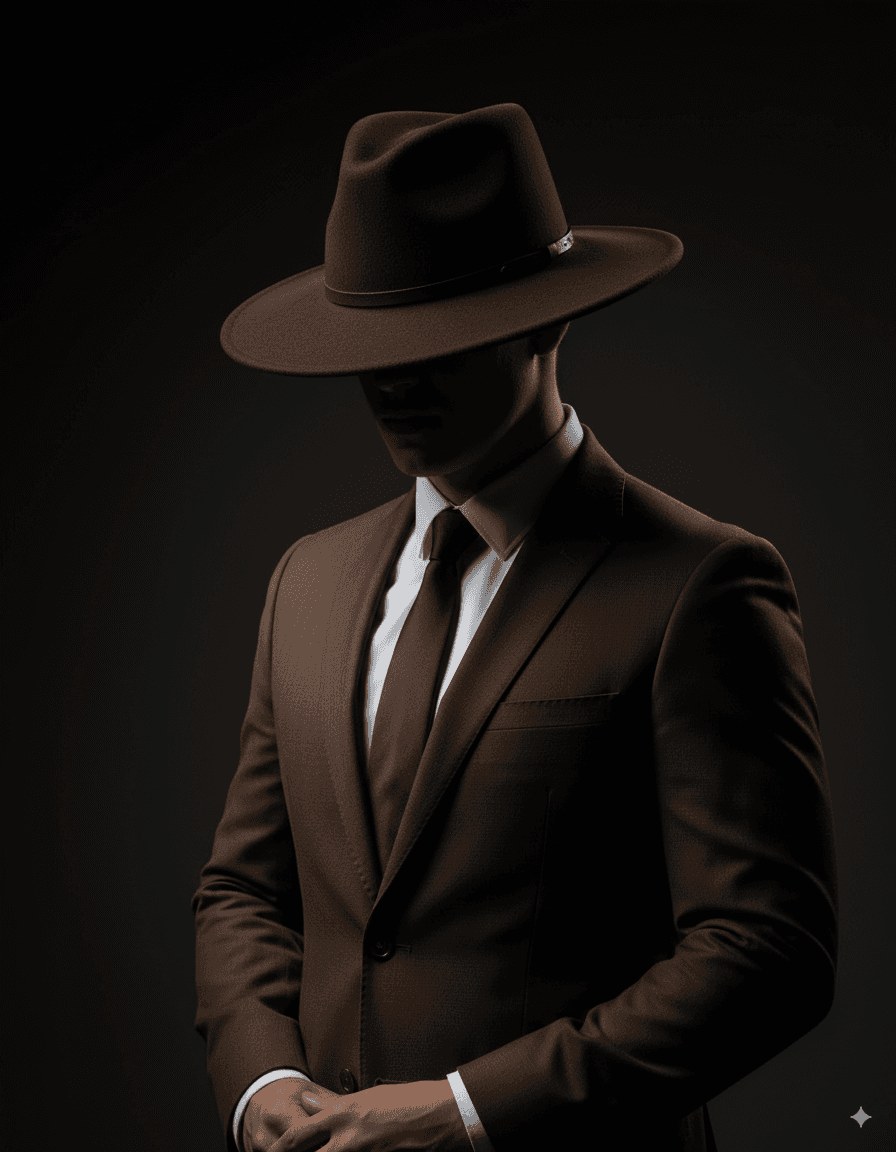 AI generated: "Ultra realistic photo of a man in a brown suit with a wide-brimmed hat pulled down so low that it c...